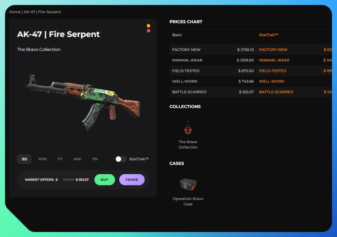 Everything about the CS2 skin AK-47 | Fire Serpent: the image is a screenshot from the CS2 Wiki by DMarket